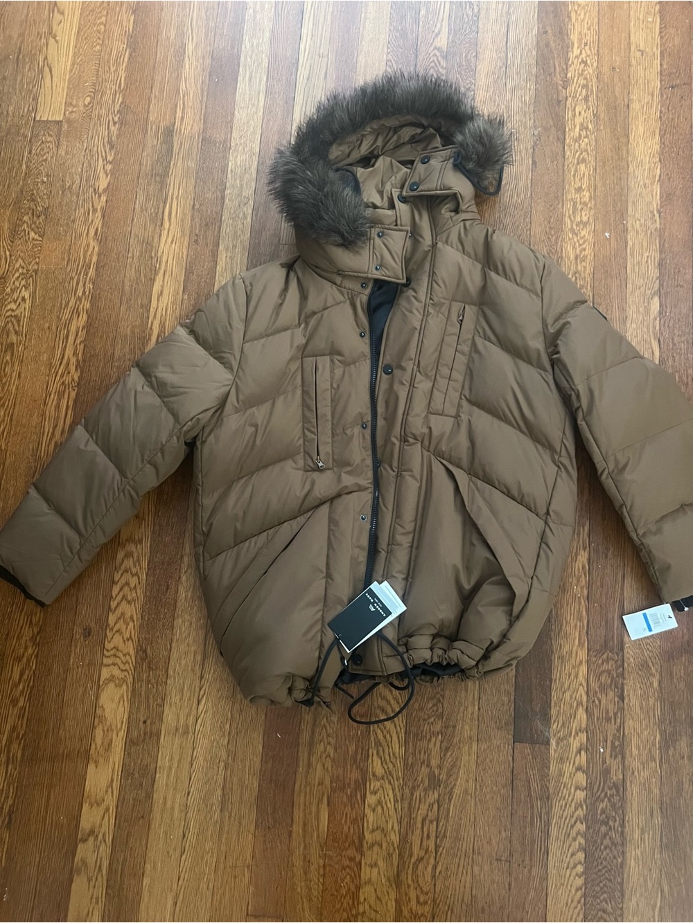 NWT Andrew Marc Men's Brown Puffer Jacket with Faux-Fur Trim Hood